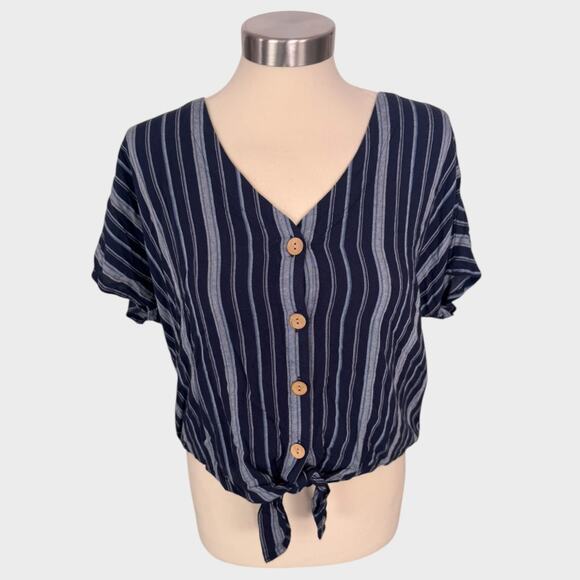 Universal Thread M Button Front Tie Waist Navy Blue Stripe Short Sleeve Top - Picture 1 of 8